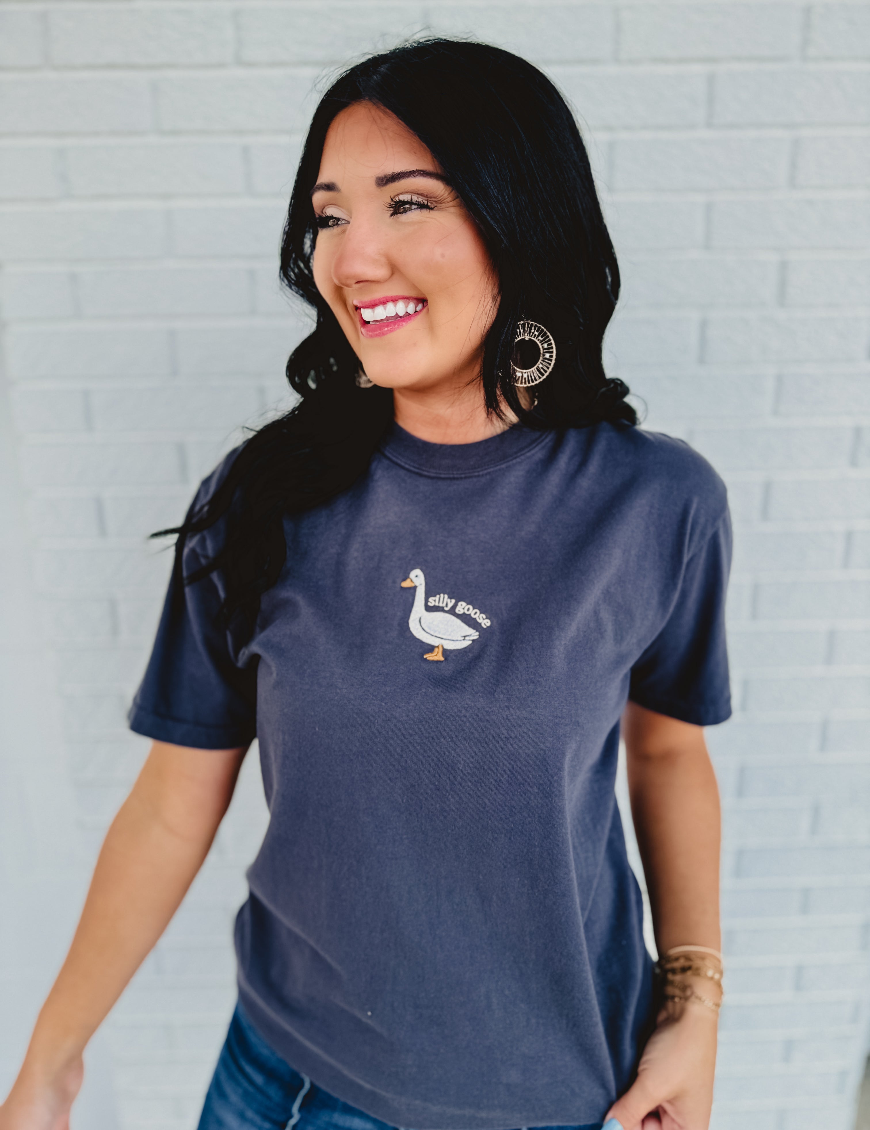 Silly Goose Embroidered Tee - Charcoal - Lace and Grace Boutique