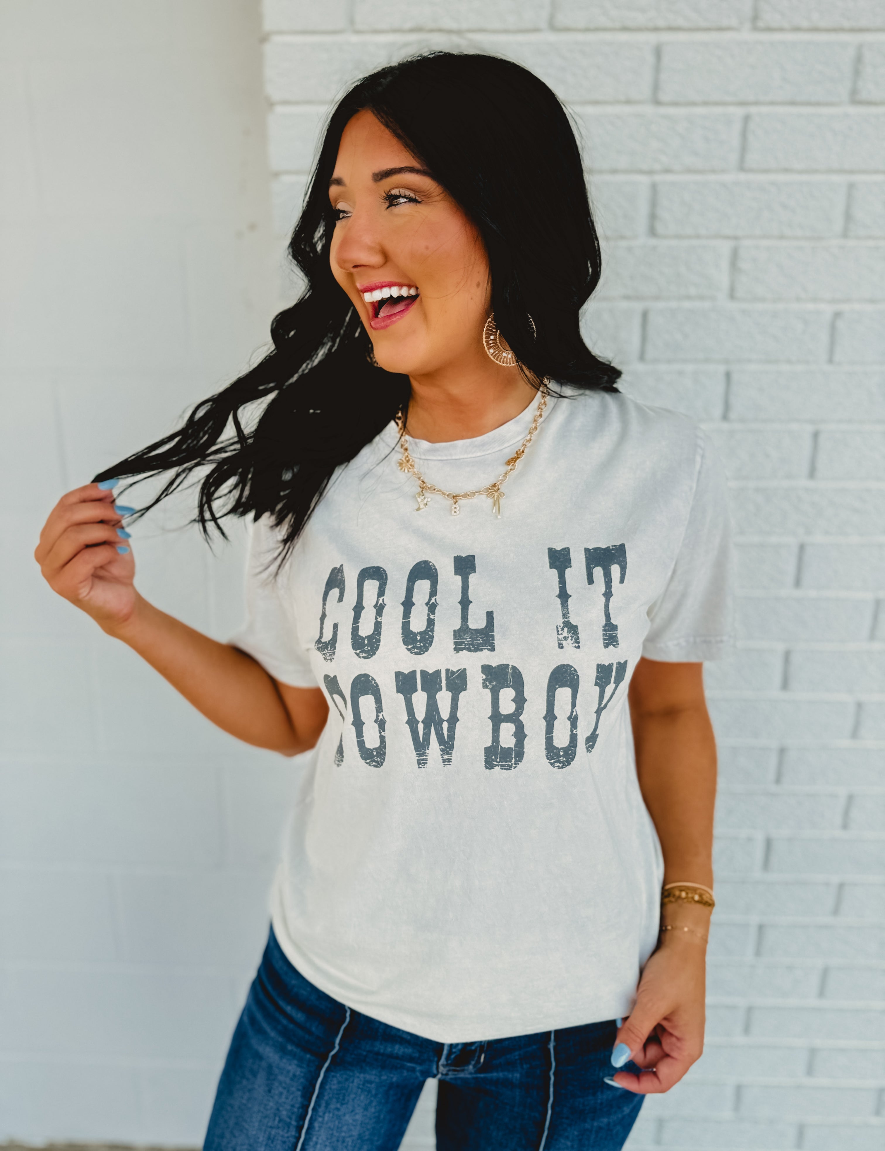 Cool It Cowboy Mineral Wash Graphic Tee - Off White - Lace and Grace Boutique