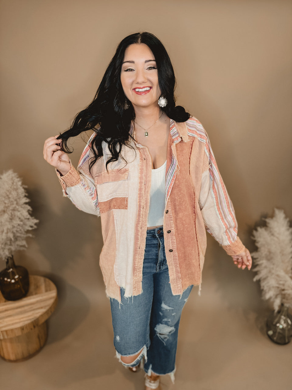 Oli & Hali Washed Colorblock Aztec Shacket - Clay - Lace and Grace Boutique