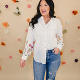 Embroidered Floral Sleeve Button Down Top - White