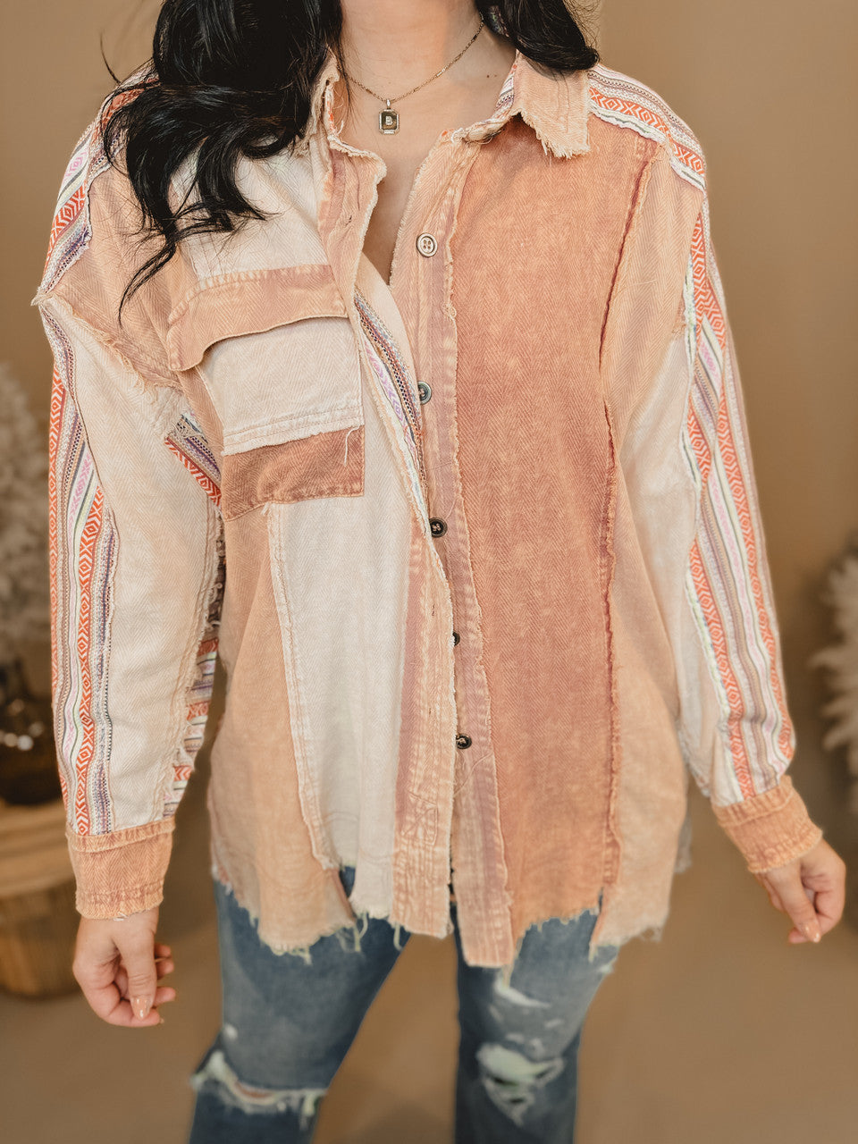 Oli & Hali Washed Colorblock Aztec Shacket - Clay - Lace and Grace Boutique