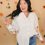 Embroidered Floral Sleeve Button Down Top - White