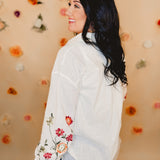 Embroidered Floral Sleeve Button Down Top - White