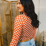 Checkered Print Mesh Mock Neck Top - Orange