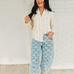 Checkered Print Mineral Washed Barrel Jeans - Light Denim - Lace and Grace Boutique