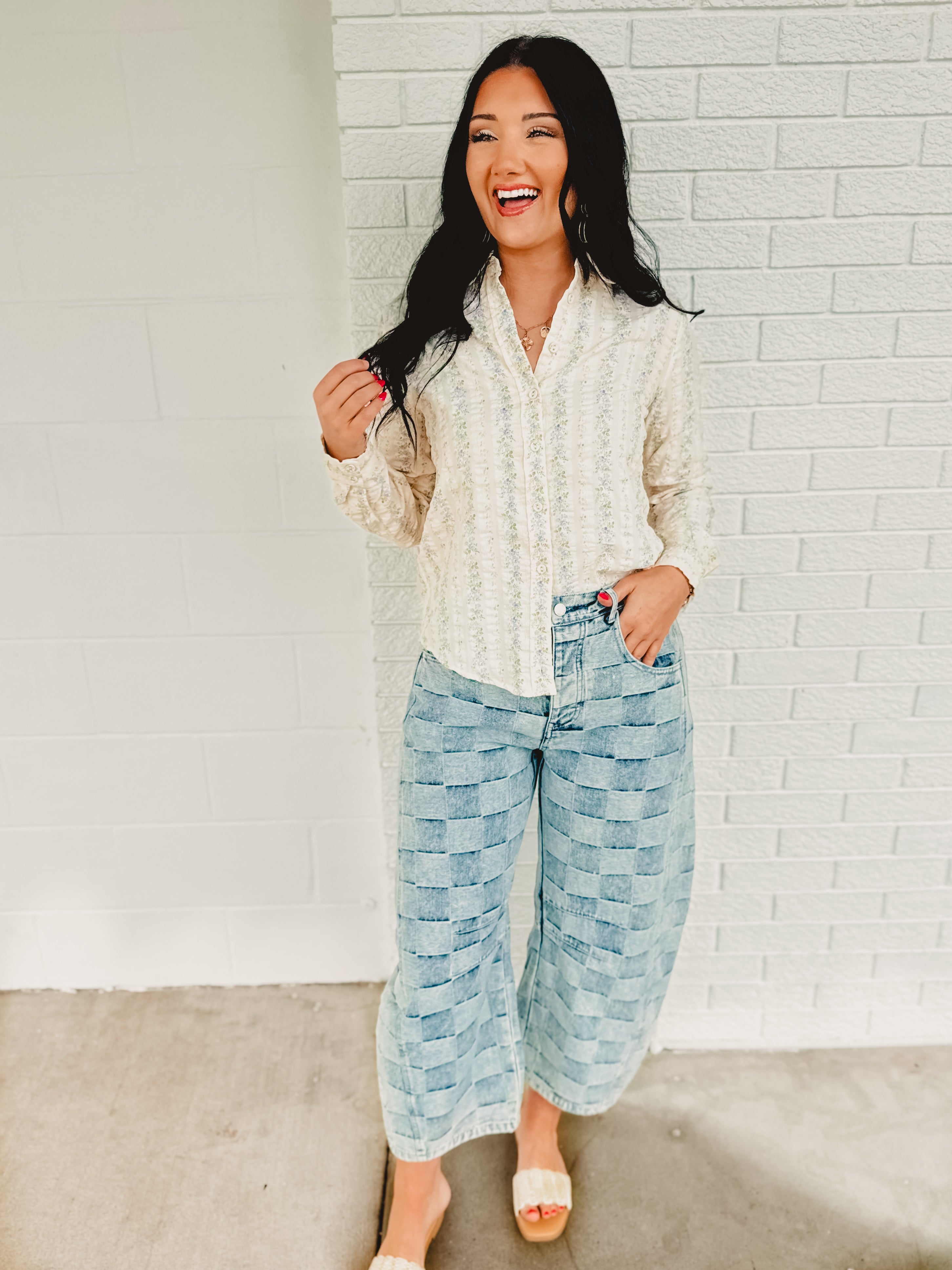 Checkered Print Mineral Washed Barrel Jeans - Light Denim - Lace and Grace Boutique