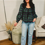 Christmas Plaid Tie Front Top - Green/Navy