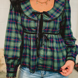 Christmas Plaid Tie Front Top - Green/Navy
