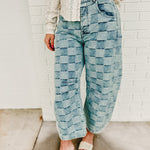 Checkered Print Mineral Washed Barrel Jeans - Light Denim - Lace and Grace Boutique