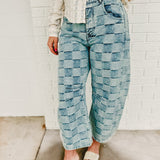 Checkered Print Mineral Washed Barrel Jeans - Light Denim - Lace and Grace Boutique