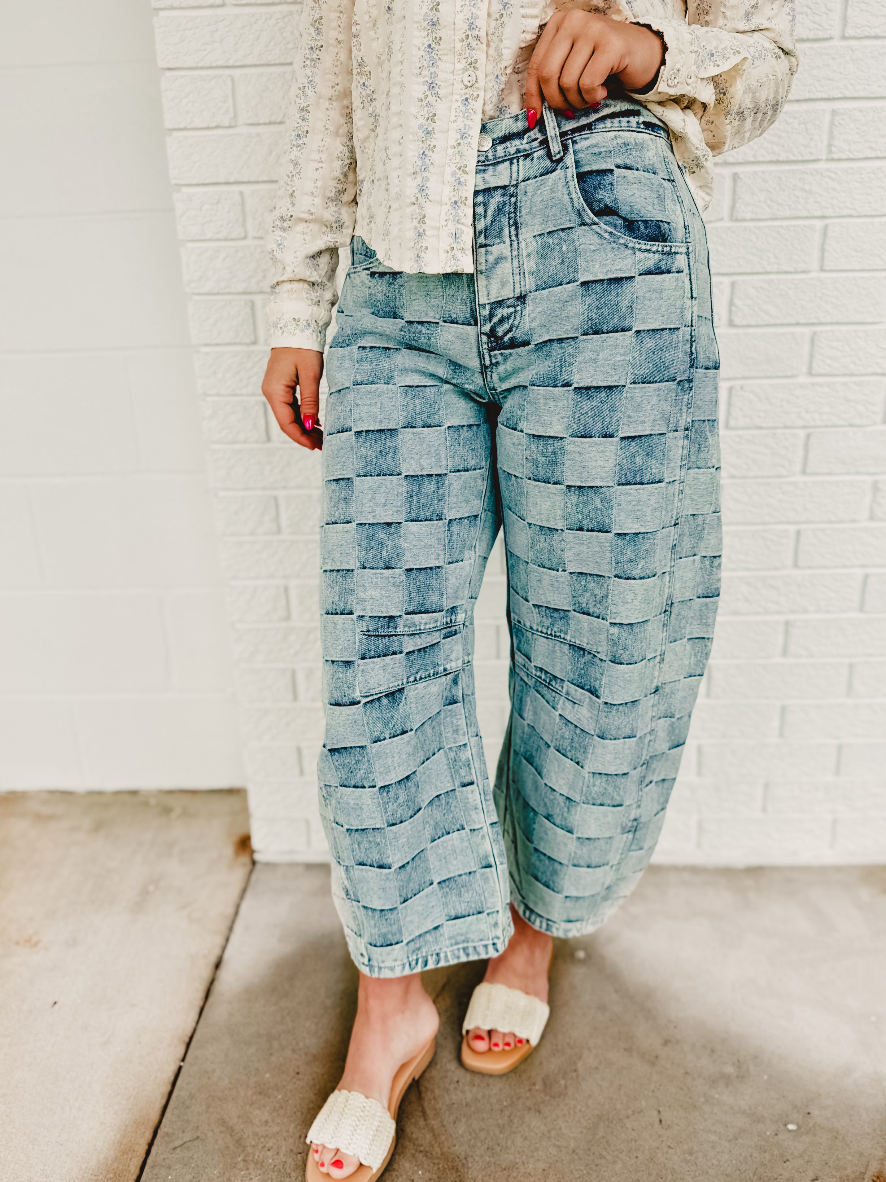 Checkered Print Mineral Washed Barrel Jeans - Light Denim - Lace and Grace Boutique