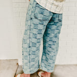 Checkered Print Mineral Washed Barrel Jeans - Light Denim - Lace and Grace Boutique