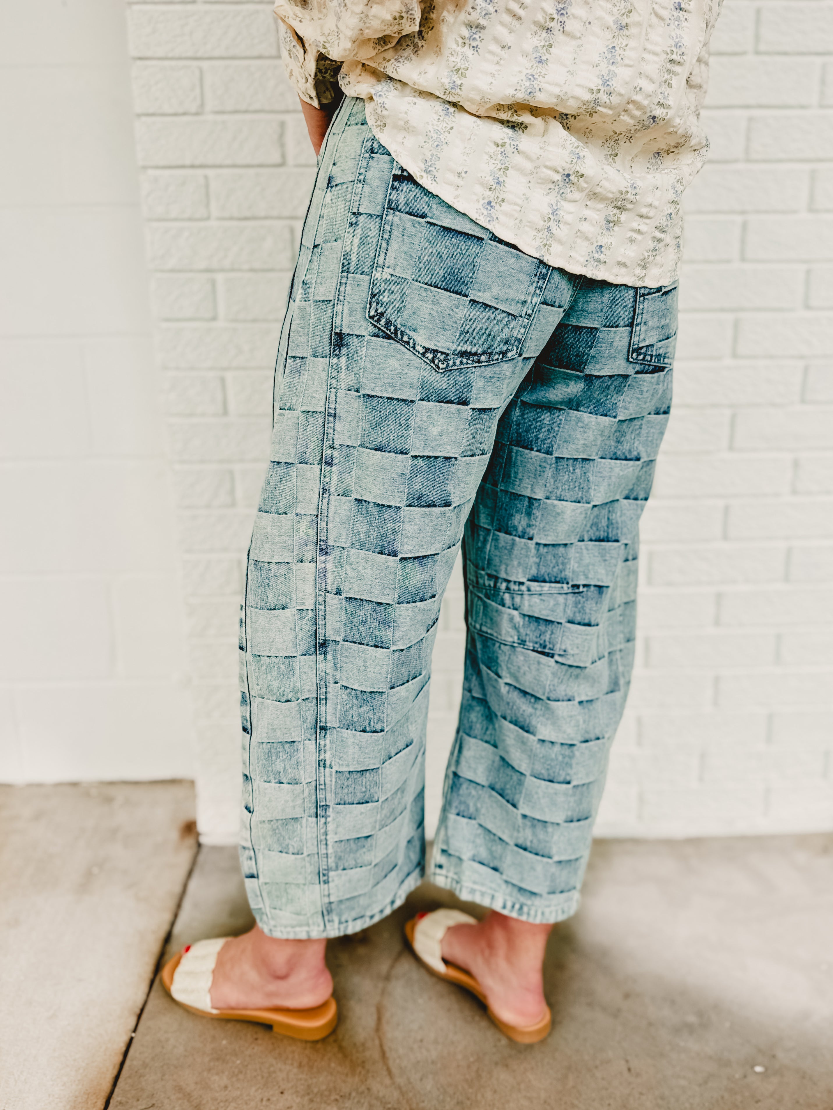 Checkered Print Mineral Washed Barrel Jeans - Light Denim - Lace and Grace Boutique
