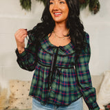 Christmas Plaid Tie Front Top - Green/Navy