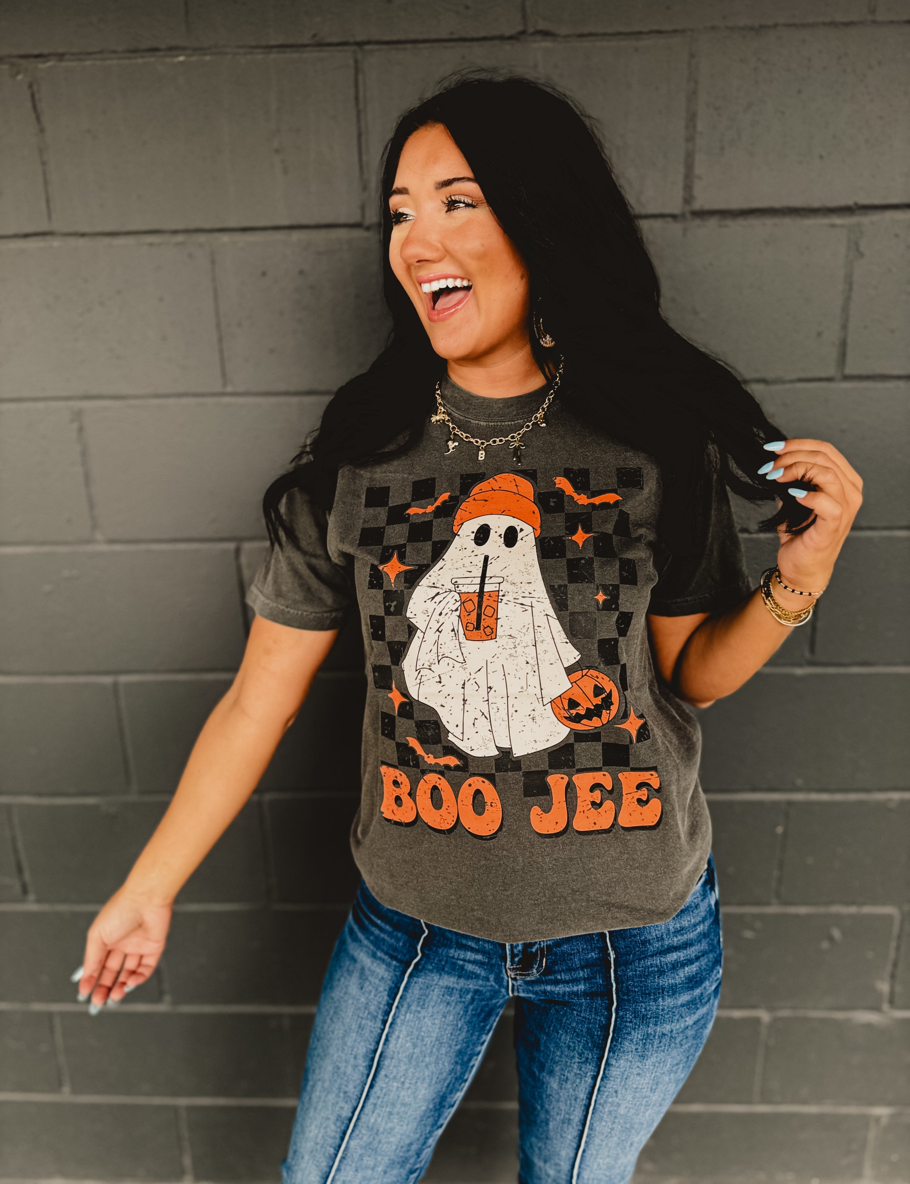 Boo Jee Ghost Checkered Graphic Tee - Dark Gray - Lace and Grace Boutique
