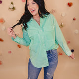 Striped Button Up Top - Kelly Green