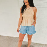 High Neck Tiered Smocked Tank Top - Natural - Lace and Grace Boutique
