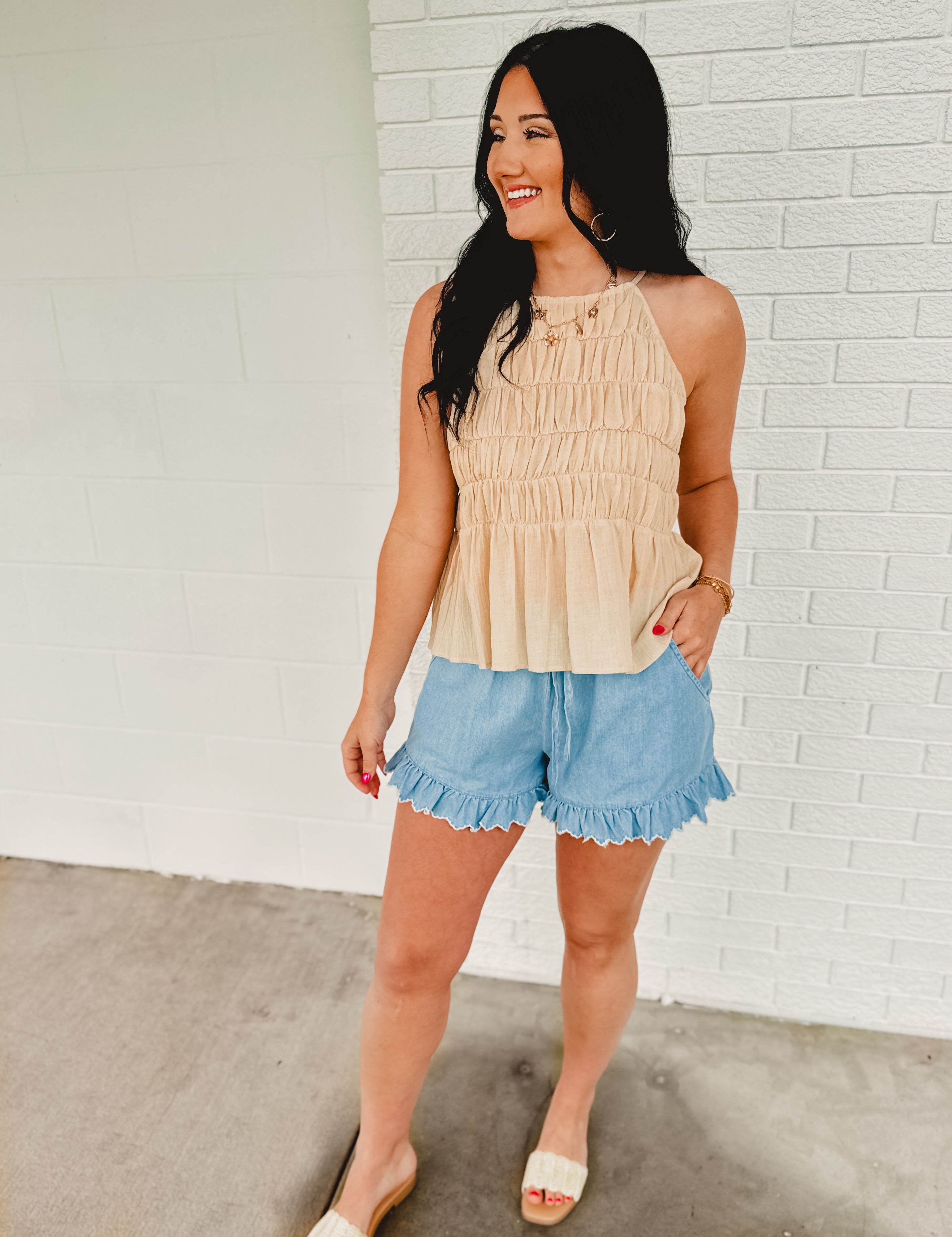High Neck Tiered Smocked Tank Top - Natural - Lace and Grace Boutique
