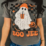 Boo Jee Ghost Checkered Graphic Tee - Dark Gray - Lace and Grace Boutique