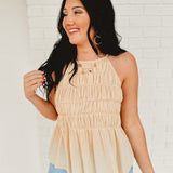 High Neck Tiered Smocked Tank Top - Natural - Lace and Grace Boutique