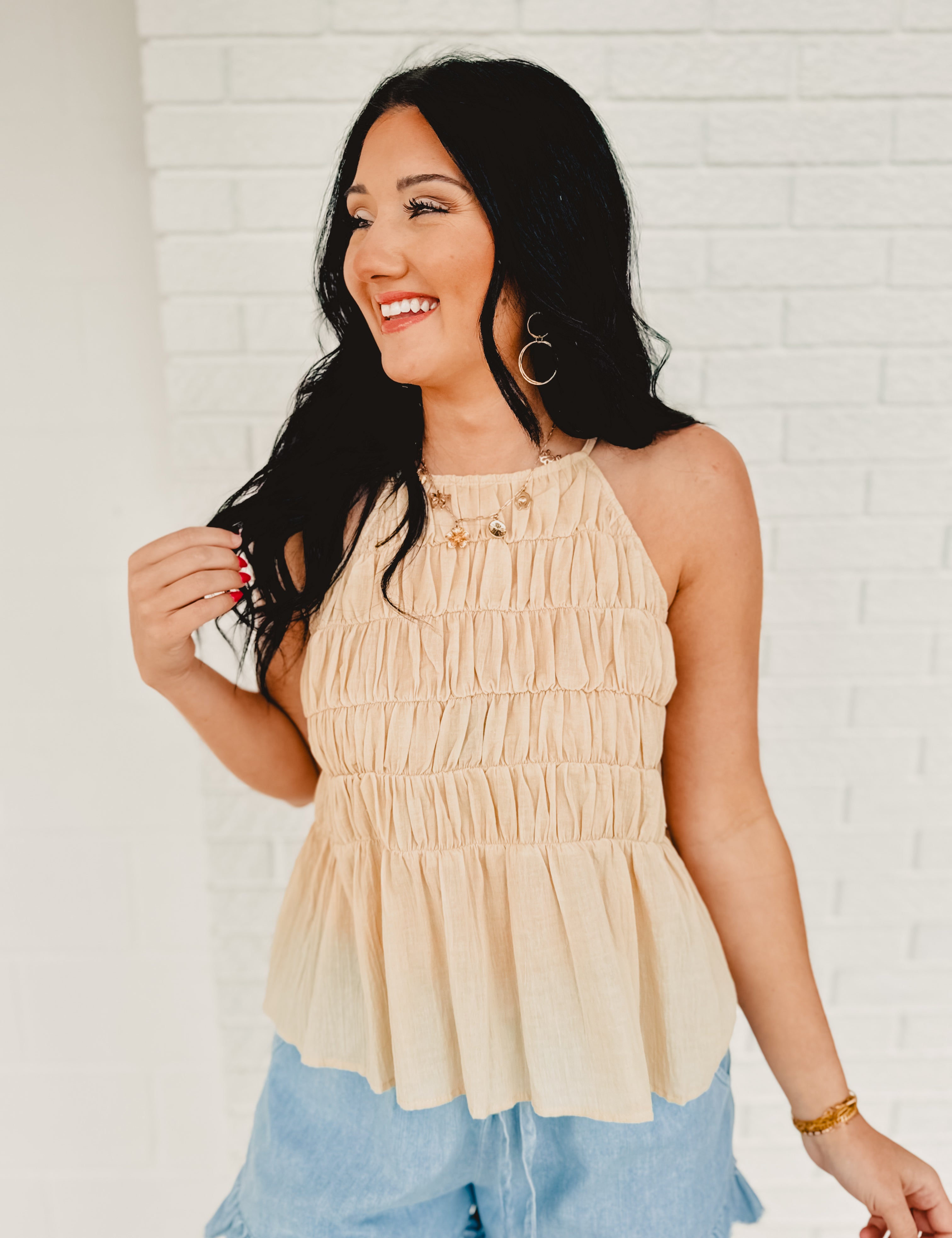 High Neck Tiered Smocked Tank Top - Natural - Lace and Grace Boutique