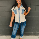 Denim Mixed Button Down Cable Sweater Jacket - Lace and Grace Boutique