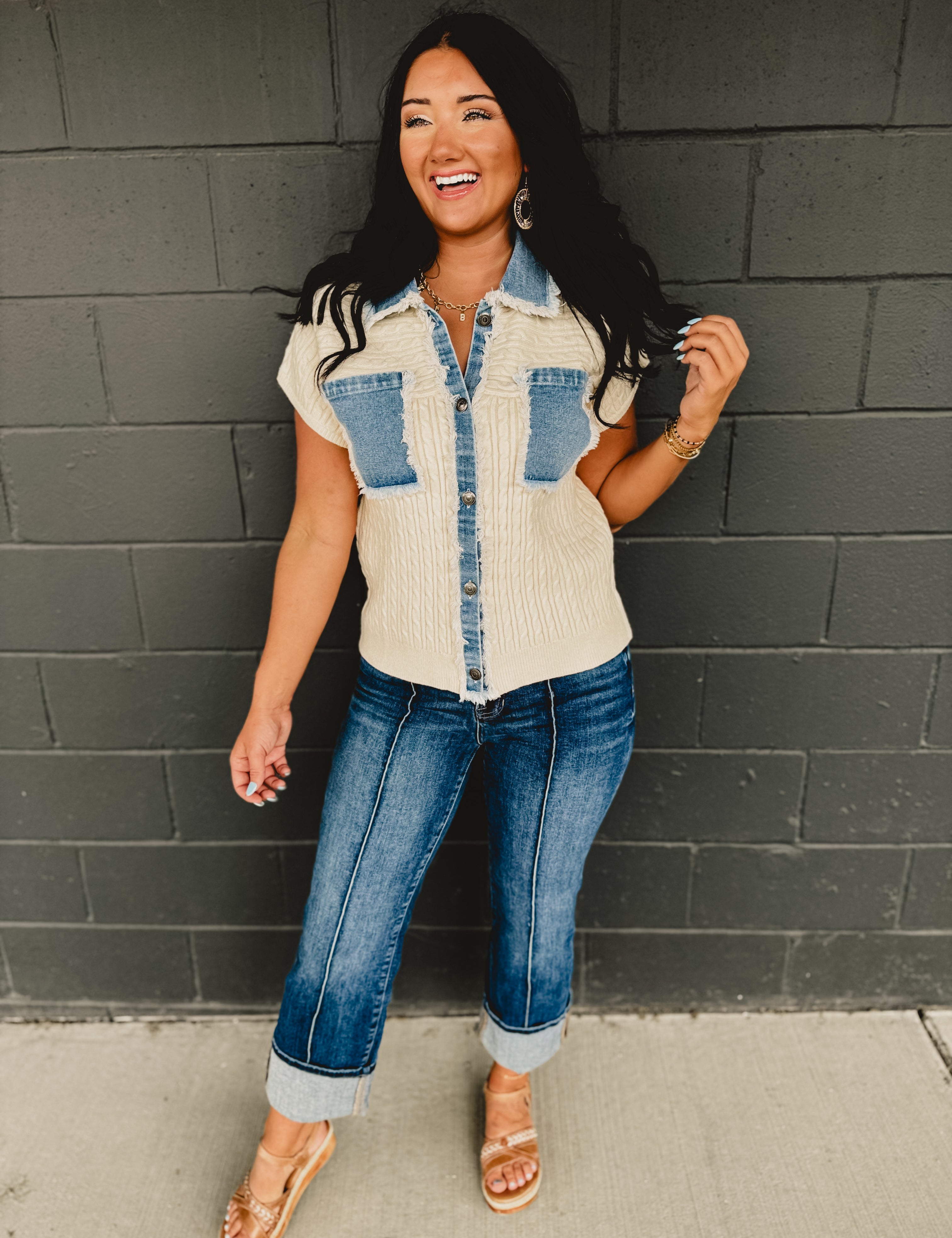 Denim Mixed Button Down Cable Sweater Jacket - Lace and Grace Boutique