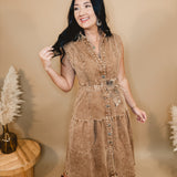 Washed Denim Button Down Sleeveless Dress - Camel