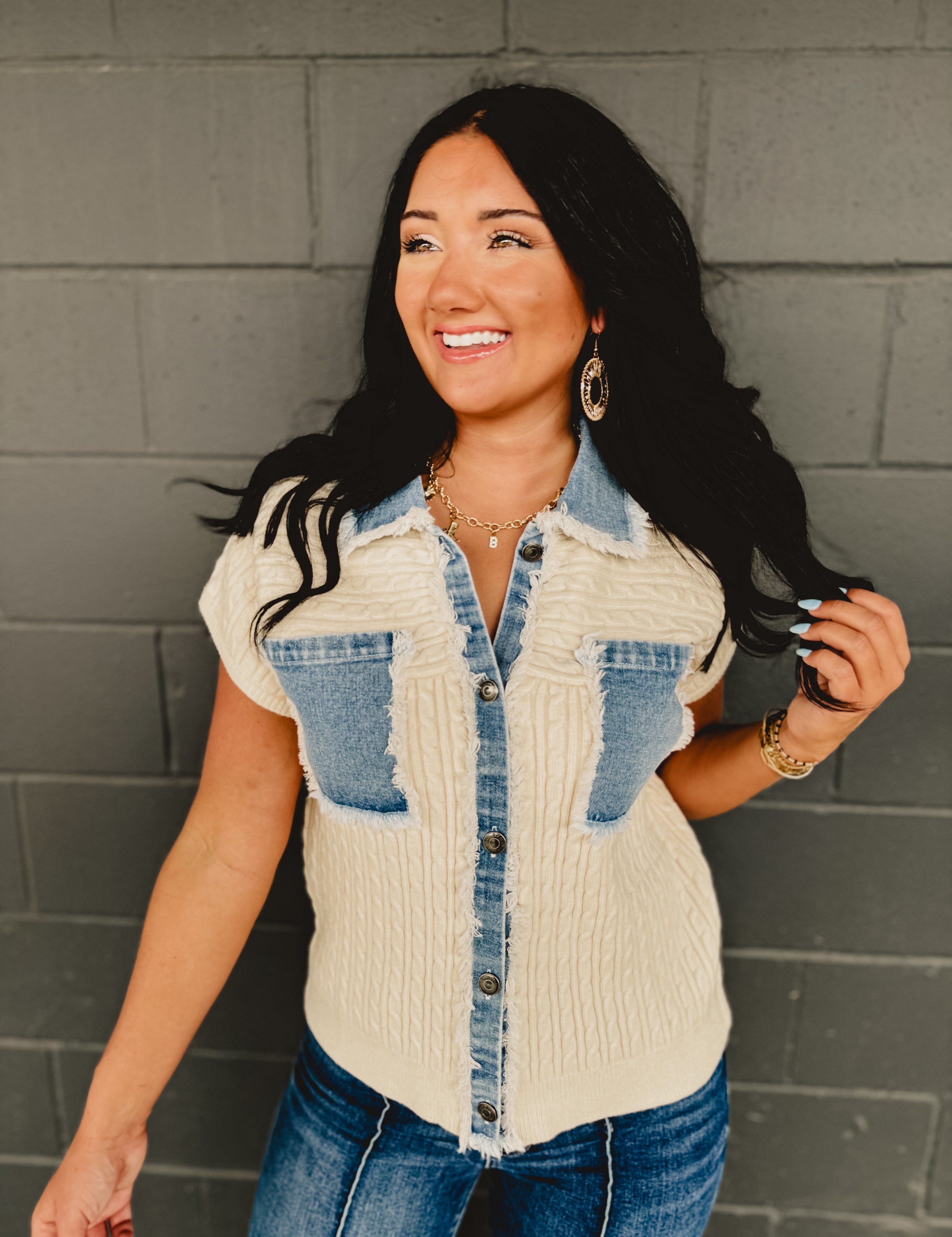 Denim Mixed Button Down Cable Sweater Jacket - Lace and Grace Boutique