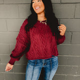 Cotton Cable Knit Pullover - Burgundy