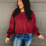 Cotton Cable Knit Pullover - Burgundy