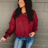 Cotton Cable Knit Pullover - Burgundy