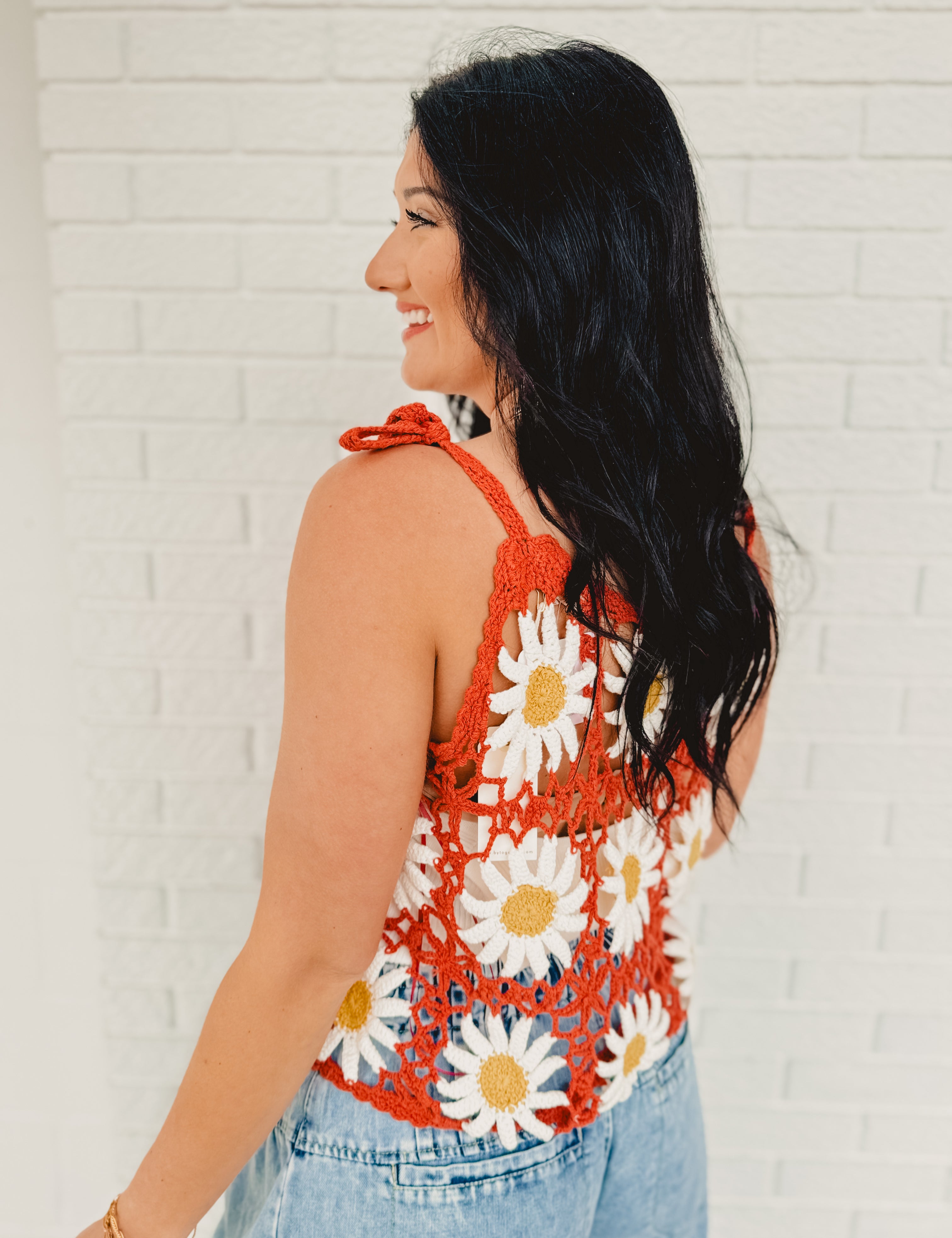 Daisy Crochet Knit Tank Top - Brick - Lace and Grace Boutique