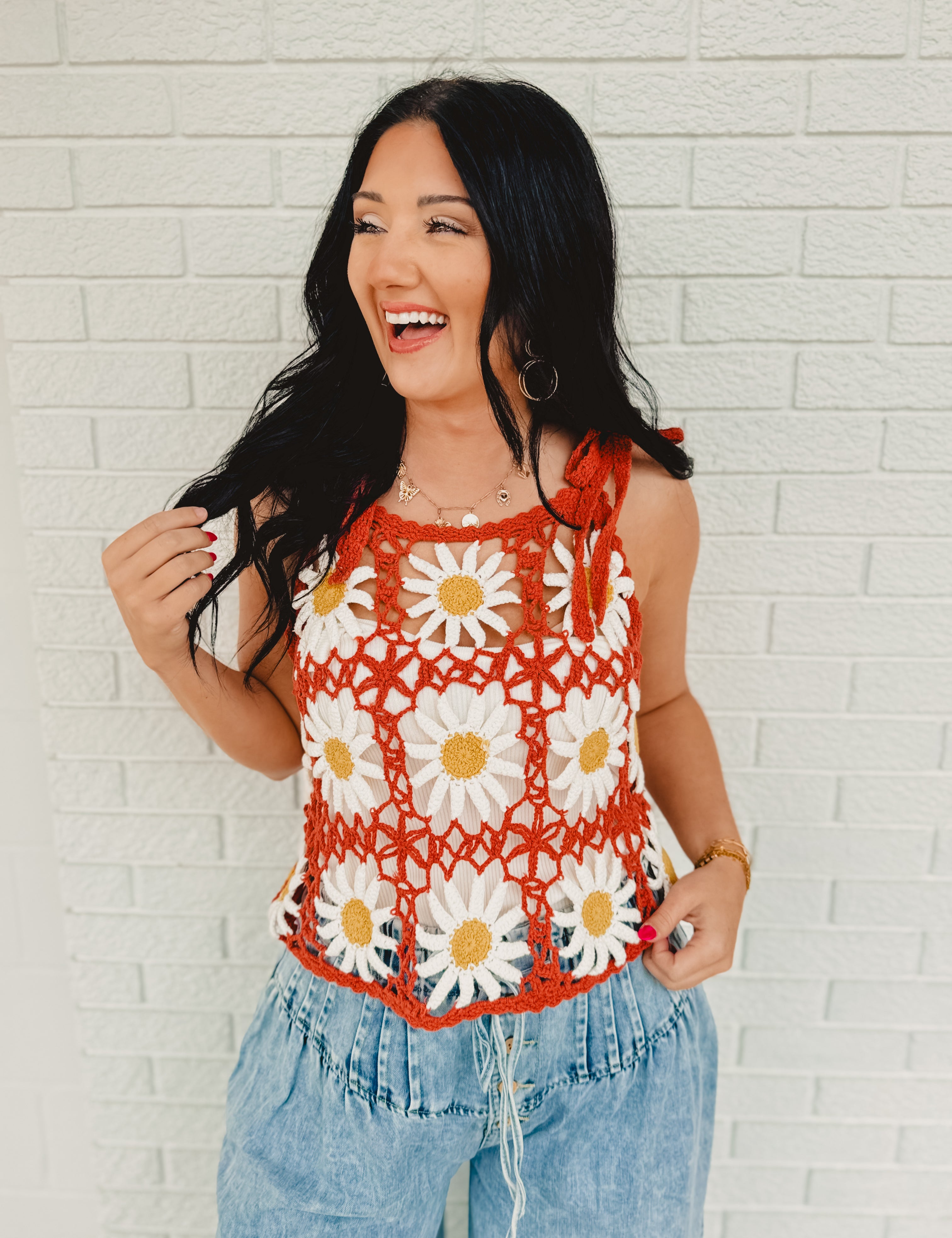 Daisy Crochet Knit Tank Top - Brick - Lace and Grace Boutique