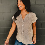 Pinstripe Short Cuff Sleeve Button Down Top - Champagne