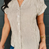 Pinstripe Short Cuff Sleeve Button Down Top - Champagne