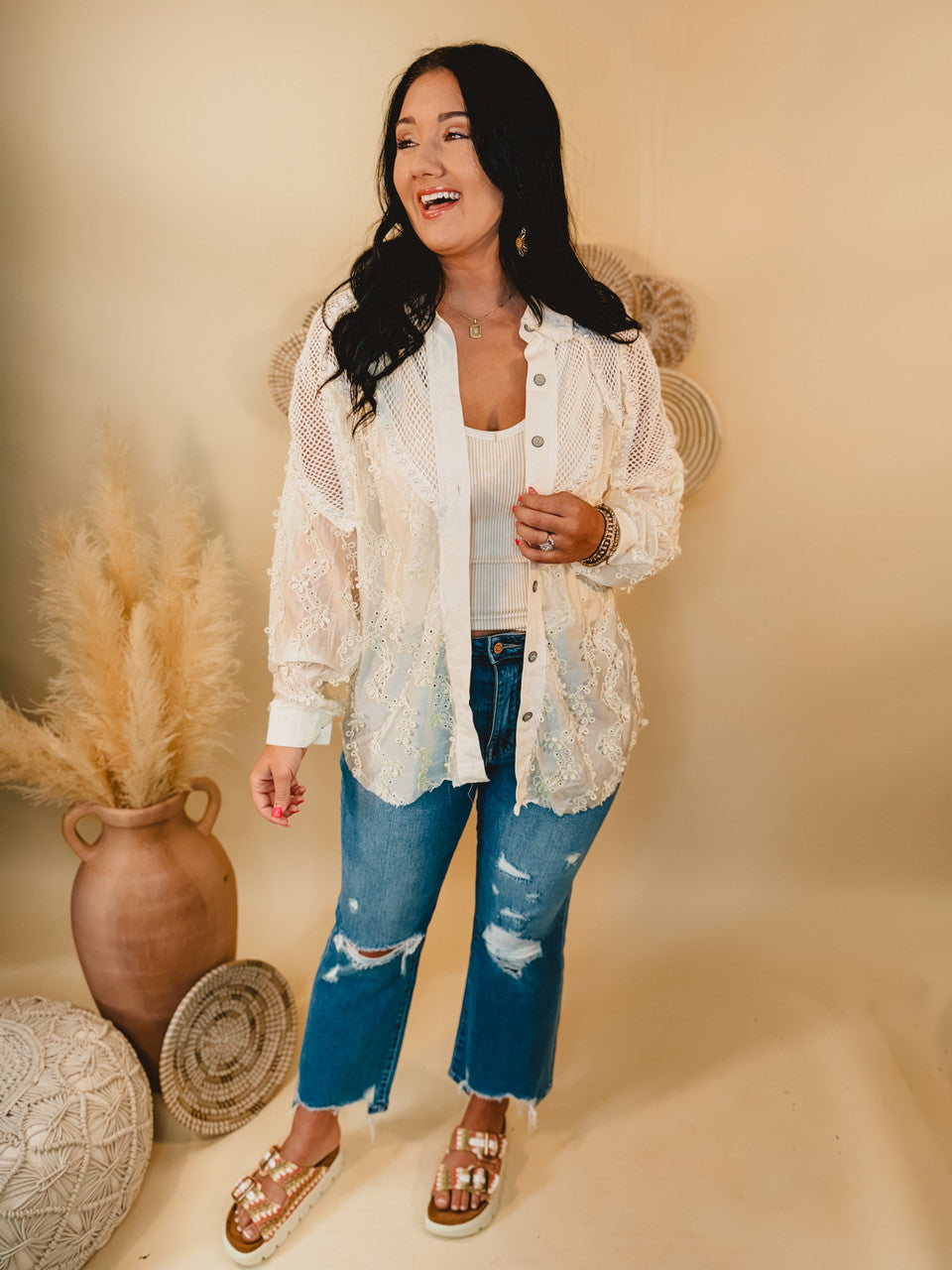 Sweet Southern Nights Crochet Patch Jacket - Natural - Lace and Grace Boutique