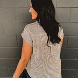 Pinstripe Short Cuff Sleeve Button Down Top - Champagne