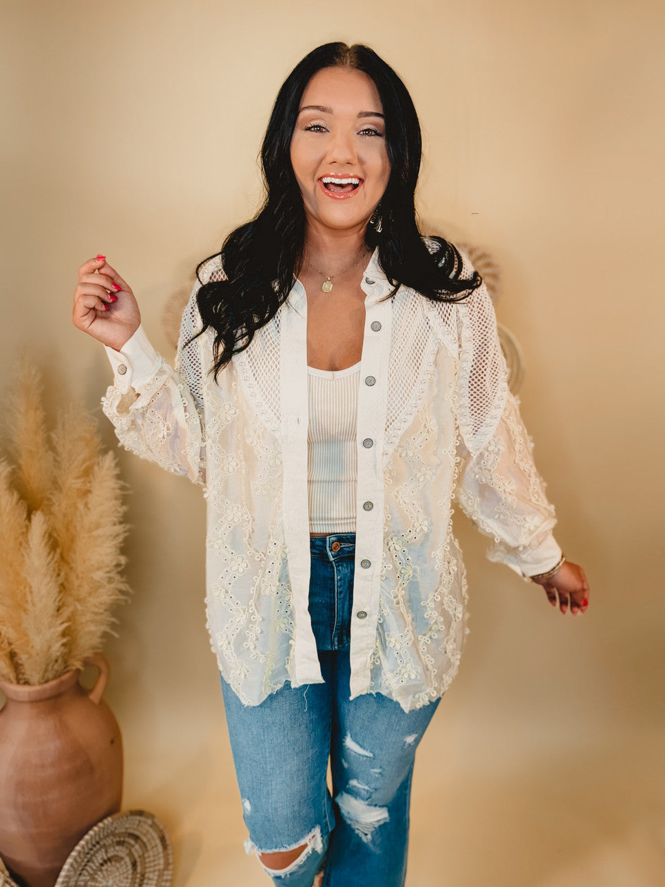 Sweet Southern Nights Crochet Patch Jacket - Natural - Lace and Grace Boutique