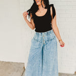 Mineral Washed Pintuck Wide Leg Pants - Light Denim - Lace and Grace Boutique