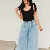 Mineral Washed Pintuck Wide Leg Pants - Light Denim - Lace and Grace Boutique