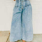 Mineral Washed Pintuck Wide Leg Pants - Light Denim - Lace and Grace Boutique