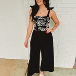 Wide Leg Embroidered Jumpsuit - Black - Lace and Grace Boutique