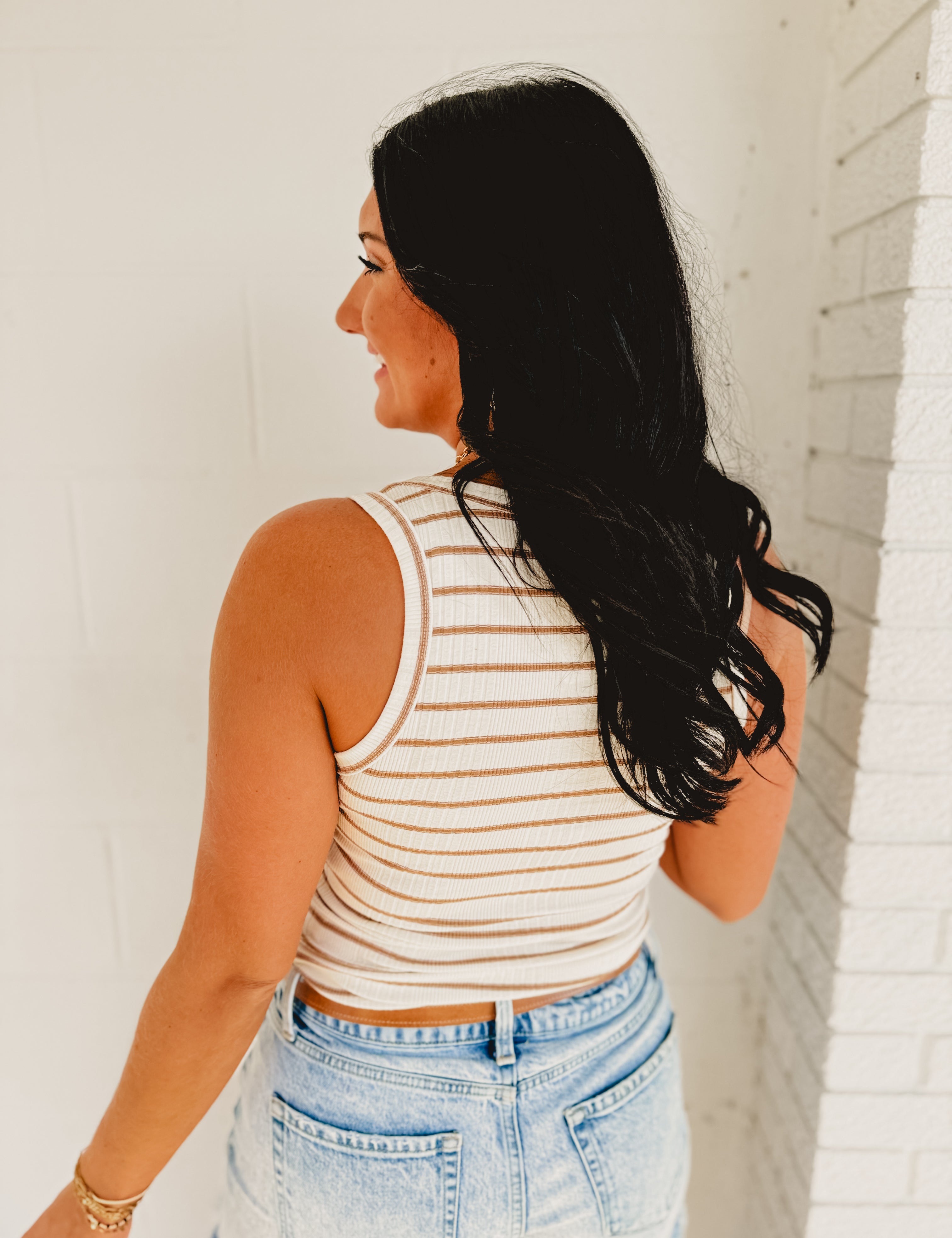 Striped Ribbed Tank Top - Mocha/Ivory - Lace and Grace Boutique