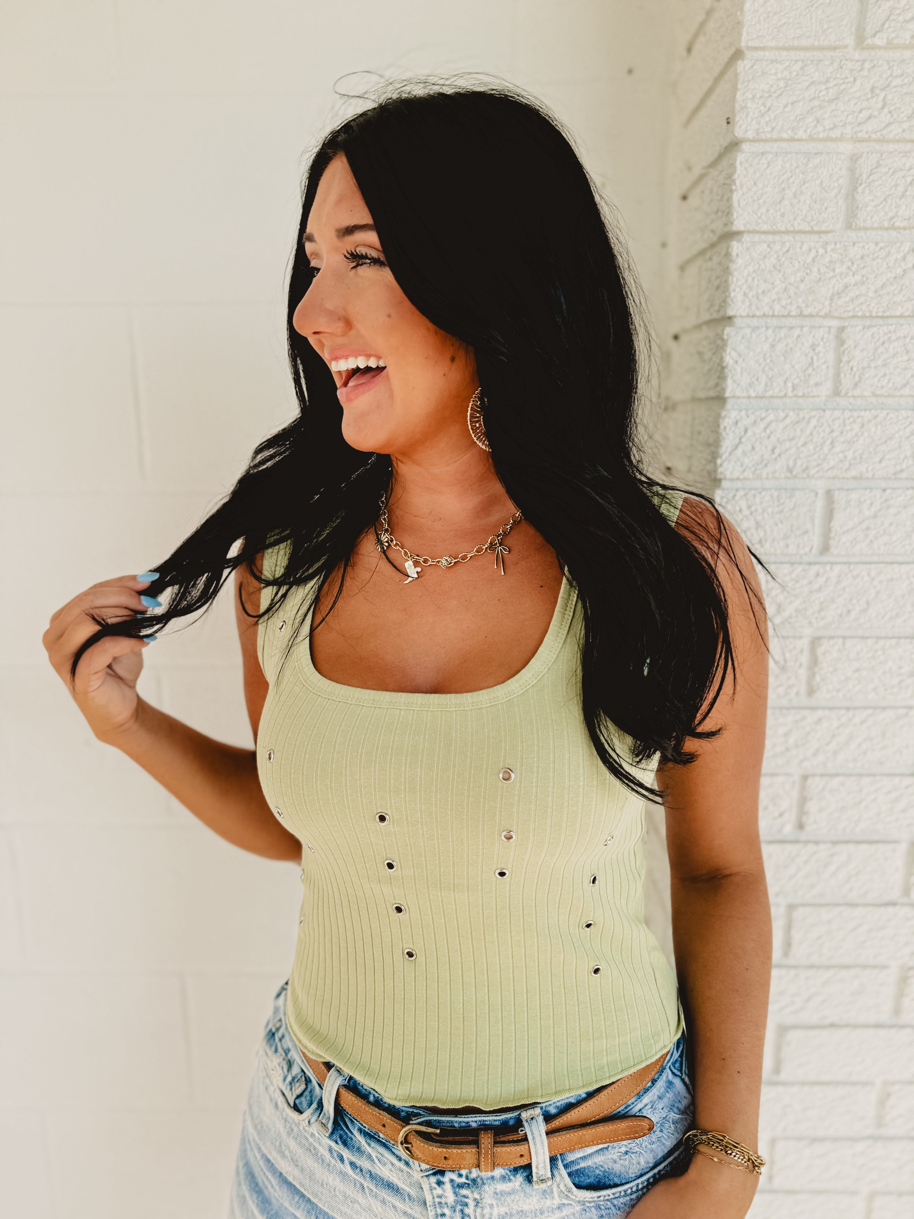 POL Stud Scoop Neck Tank Top - Pistachio - Lace and Grace Boutique