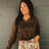 Long Sleeve V-Neck Pullover Sweater - Brown