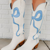 Western Style Bow Boots - White / Light Blue