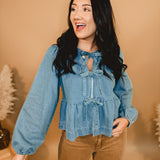 Denim Bow Tie Long Sleeve Top - Blue