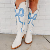 Western Style Bow Boots - White / Light Blue