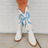 Western Style Bow Boots - White / Light Blue